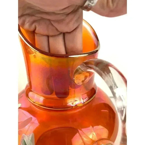 VTG Carnival Glass Orange Iridescent Pitcher Glass Blown Hand Painted 10" Floral - Picture 7 of 16